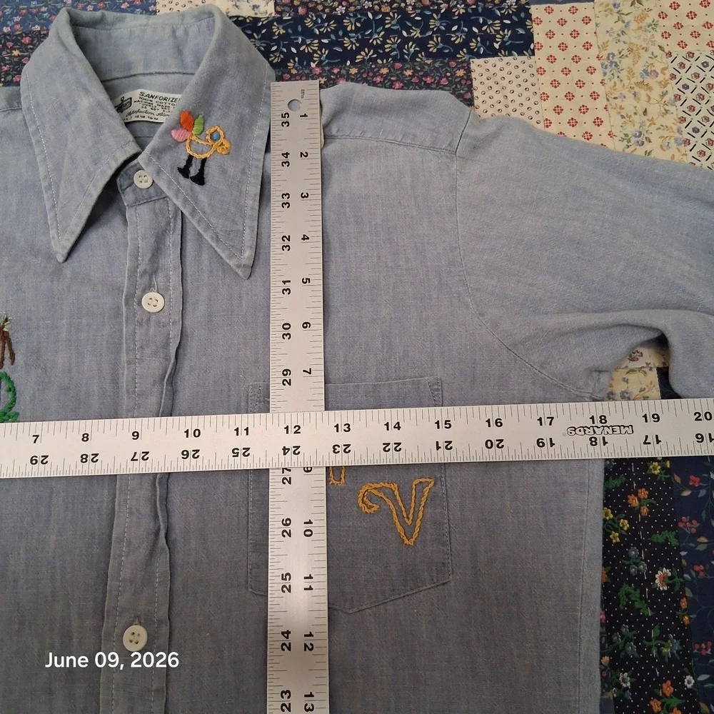 Vintage Kmart Sanforized Chambray Folk Embroidered Shirt Size 16 / Medium OOAK